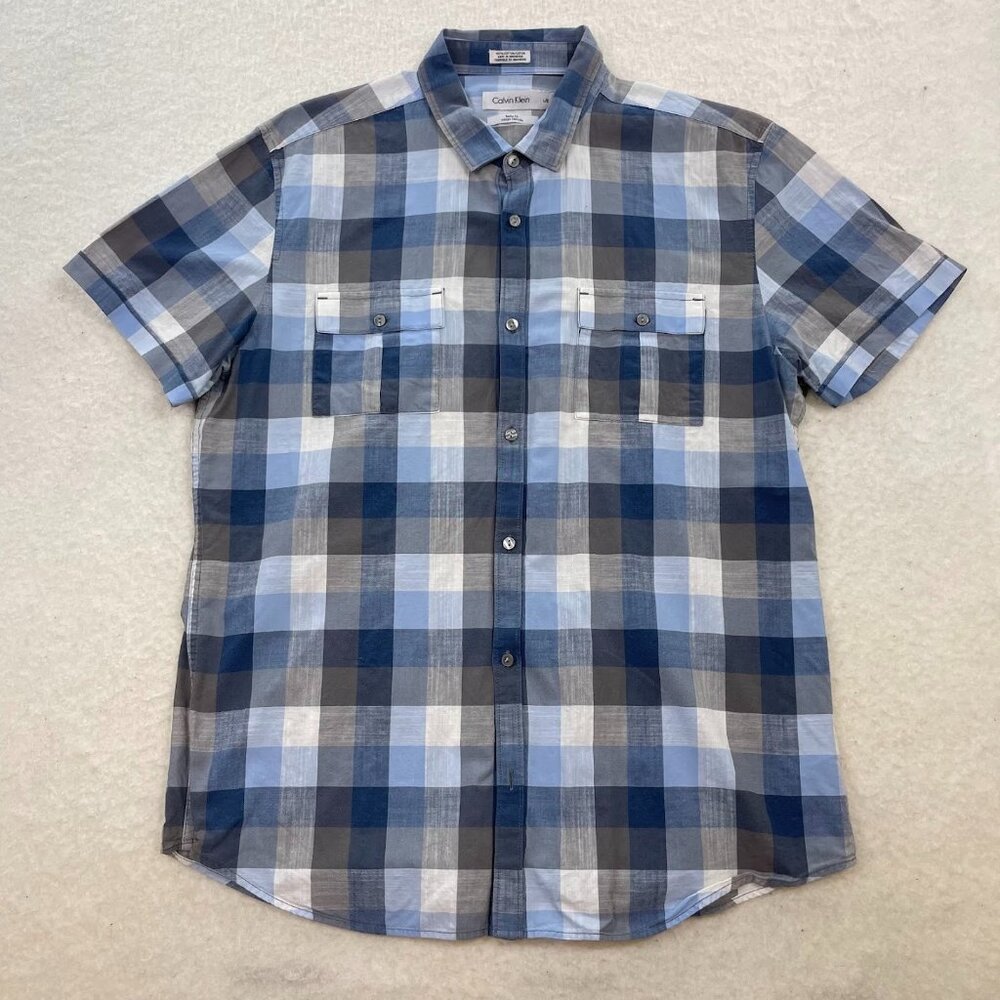 Calvin Klein Short-Sleeve Bodyfit Cotton Blue & Gray Plaid Button-Down Shirt